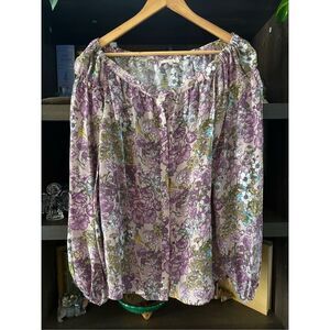 NWOT Gold Hawk Purple Floral Button Front Off The Shoulder Blouse Size Small